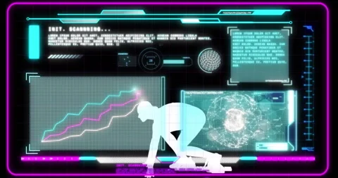 Animation of screens with data processing over woman storting to run on dark 動画素材 266381263