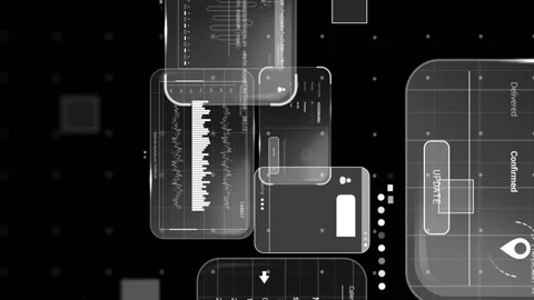 Animation of screens with data processing over black background Stock Footage 312831800