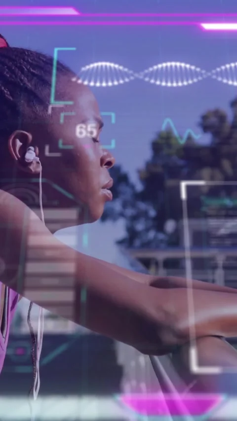 Animation of screens with data processing over african american woman exercising Stock Footage 323782464