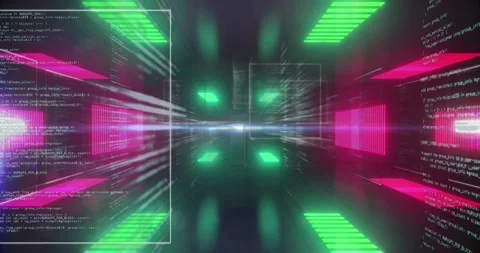 Animation of screens with data processing over neon tunnel in seamless pattern Stock Footage 329417994