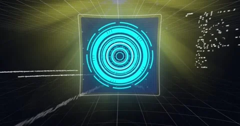 Animation of screens with data processing over grid network against yellow light Stock Footage 330407456