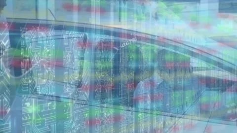 Animation of screens with microprocessor connections over man sitting in a car Stock Footage 329169120