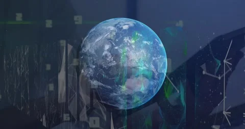 Animation of screens with plexus networks over globe against mid section of Stock Footage 326424597