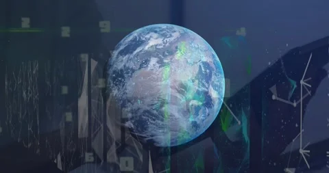 Animation of screens with plexus networks over globe against mid section of Stock Footage 328714723
