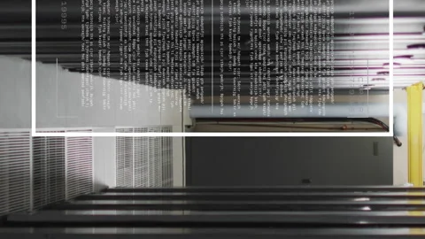 Animation of screens with programming language moving over data server racks Stock Footage 313355680