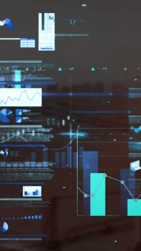 Animation of screens with statistical data processing and blue light trails over Stock Footage 344774680