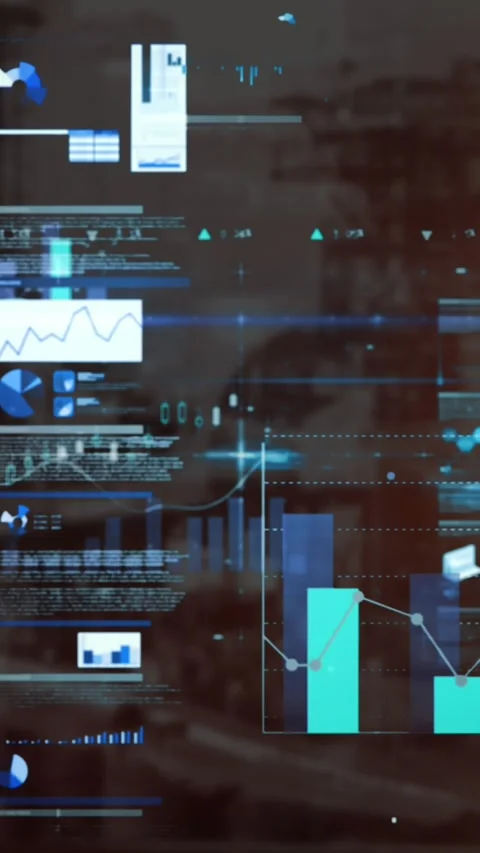 Animation of screens with statistical data processing and blue light trails over Stock Footage 344783190