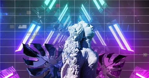 Animation of sculpture with interference over neon tunnel on black background Stock Footage 329160204