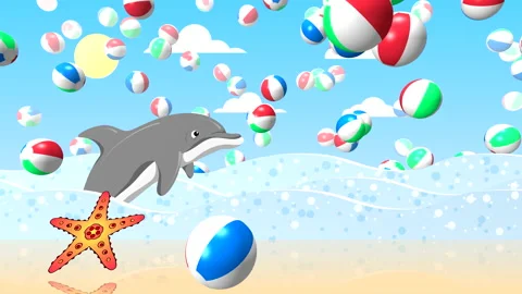 Animation of the sea with beach balls, waves and a jumping dolphin Stock Footage 134908645