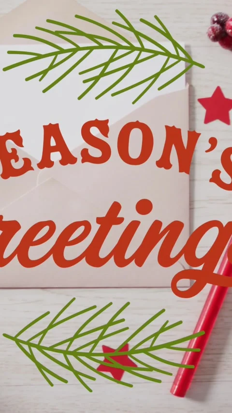 Animation of seasons greetings over envelope, stars, sticks, gift box, cherries Stock Footage 344706512