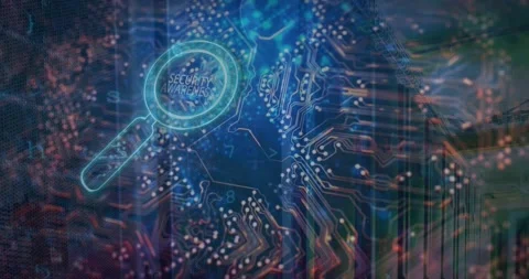 Animation of security awareness text over reading glass and server room Stock Footage 204759581
