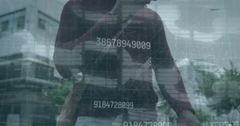 Animation of security chain icon african american man with bicycle using Stock Footage 328586724