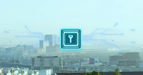 Animation of security key icon with microprocessor connections against aerial Video stock 329775611