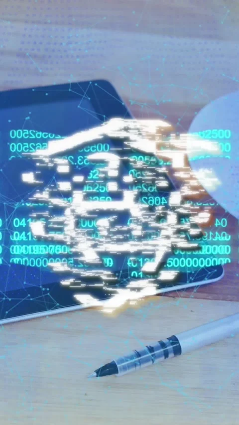 Animation of security padlock and chain icon over digital tablet, pen and coffee Stock Footage 321215992