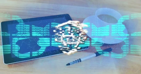 Animation of security padlock and chain icon over digital tablet, pen and coffee Stock Footage 327849157