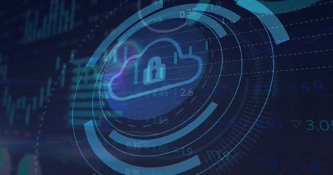 Animation of security padlock and cloud icon against statistical and stock Stock Footage 327361448