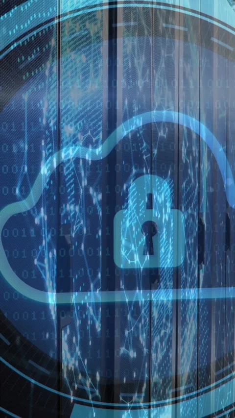 Animation of security padlock and cloud icon on round scanner against computer Stock Footage 342612992