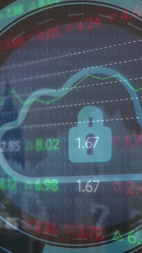 Animation of security padlock and cloud icon against stock market data Stock Footage 344783585