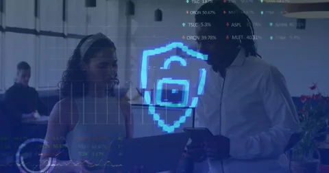 Animation of security padlock and data processing over diverse business people Video stock 328240330