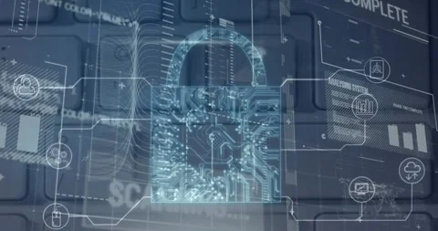 Animation of security padlock and data processing over navy background Stock Footage 330474663