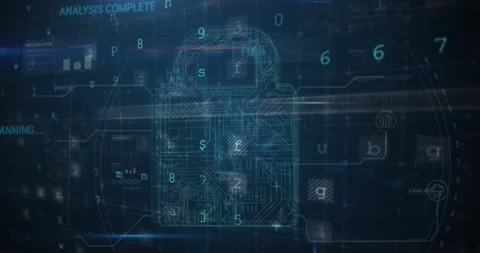Animation of security padlock and data processing over navy background Stock Footage 330779728