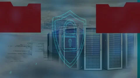 Animation of security padlock and folders icon over data processing and computer Stock Footage 216827432