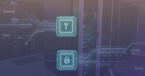 Animation of security padlock and key icon with microprocessor connections Stock Footage 255107062