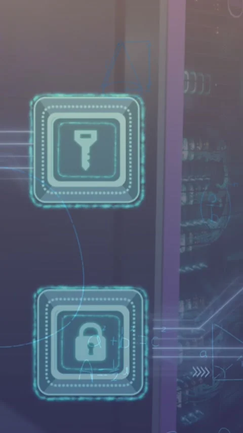 Animation of security padlock and key icon with microprocessor connections Stock Footage 344706668