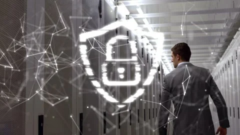 Animation of security padlock and network of connections over male engineer Stock Footage 327960991