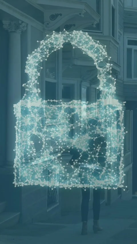 Animation of security padlock and shield icon against rear view of a woman Stock Footage 321039007