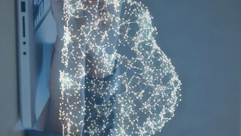 Animation of security padlock, cloud icon over mid section of businesswoman Stock Footage 312966223