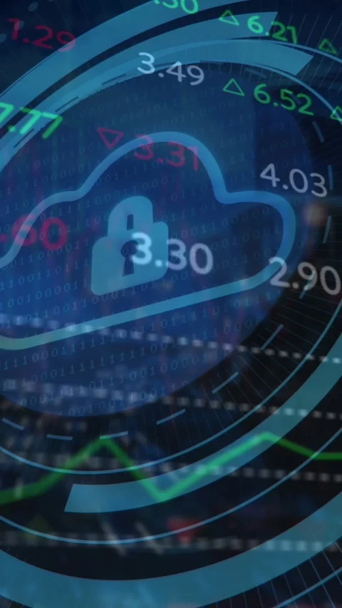 Animation of security padlock, cloud icon, stock market data processing against Vídeos de archivo 319156299