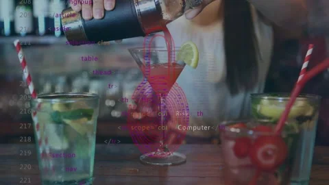 Animation of security padlock icon against mid section of female bartender Stock Footage 328150071