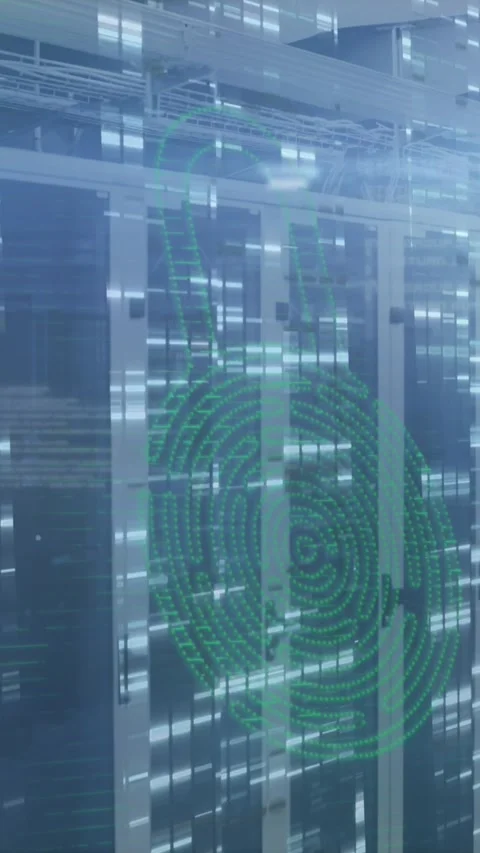 Animation of security padlock icon against mosaic squares over computer server Stock Footage 342612590