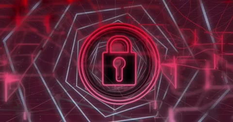 Animation of security padlock icon and hexagonal shapes in seamless pattern and Stock Footage 244312294