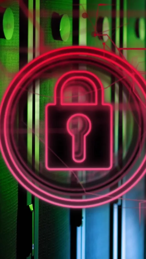 Animation of security padlock icon and pink light trails against computer server Stock Footage 321323667