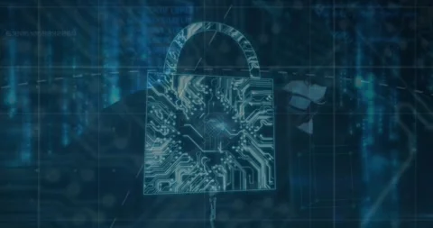 Animation of security padlock icon and data processing over male hacker using Vídeos de archivo 326297217