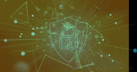 Animation of security padlock icon and plexus networks floating against grey Stock Footage 327008233