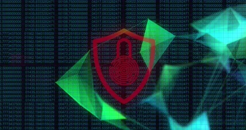 Animation of security padlock icon and plexus network against binary coding on Stock Footage 328407297