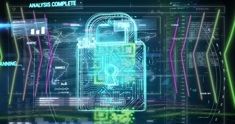 Animation of security padlock icon and interface with data processing against Vídeos de archivo 329027599