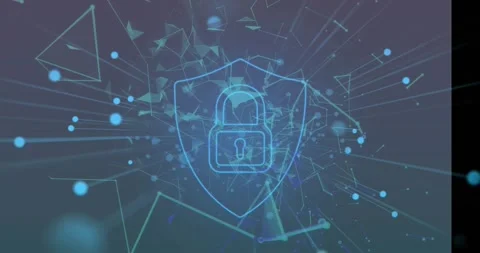 Animation of security padlock icon and plexus networks floating against purple Stock Footage 330105600