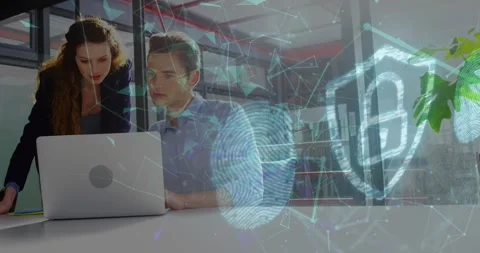 Animation of security padlock icon and plexus networks over caucasian man and Stock Footage 330583876