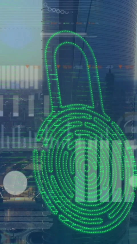 Animation of security padlock icon and screens with data processing over aerial Stock Footage 342612592