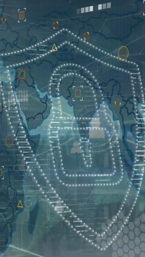 Animation of security padlock icon and data processing over world mal and Stock Footage 342612605