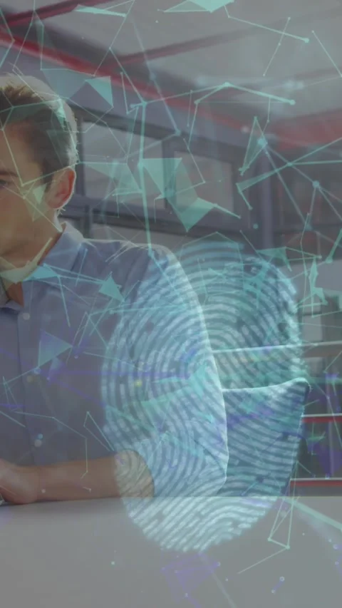 Animation of security padlock icon and plexus networks over caucasian man and Stock Footage 343091359