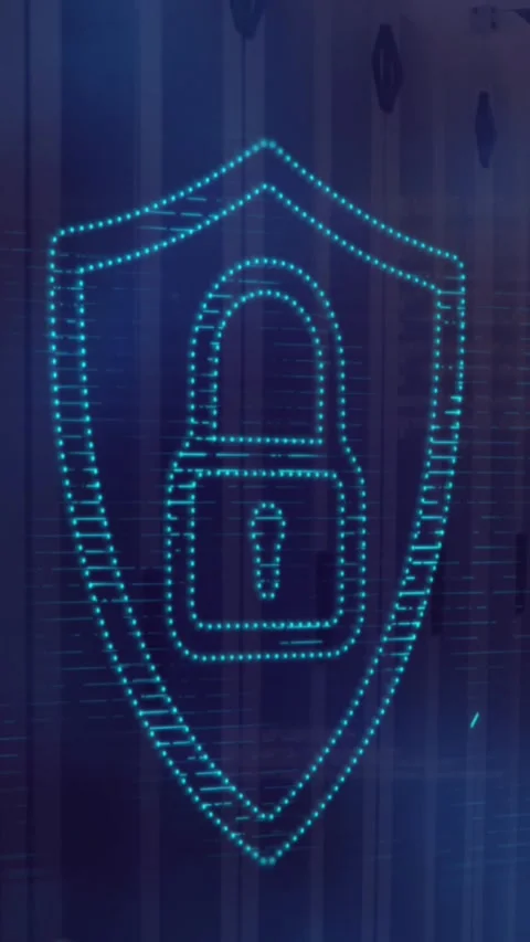 Animation of security padlock icon and light spot against computer server room Stock Footage 343682389