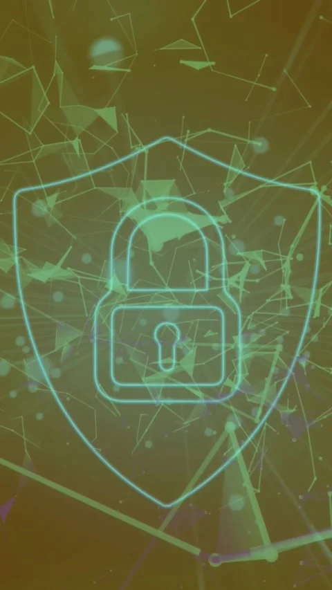 Animation of security padlock icon and plexus networks floating against grey Video stock 343867406