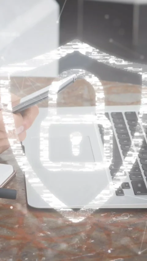 Animation of security padlock icon and fingerprint scanner over mid section of Stock Footage 343920349