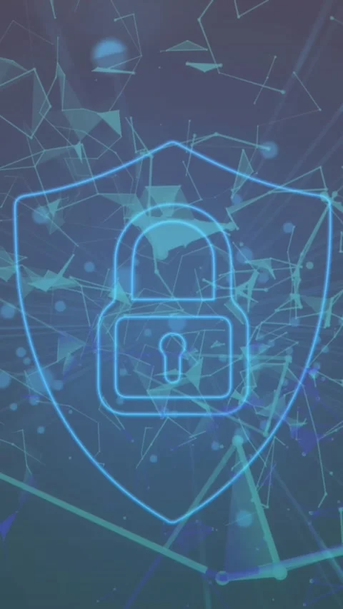 Animation of security padlock icon and plexus networks floating against purple Video stock 343954998