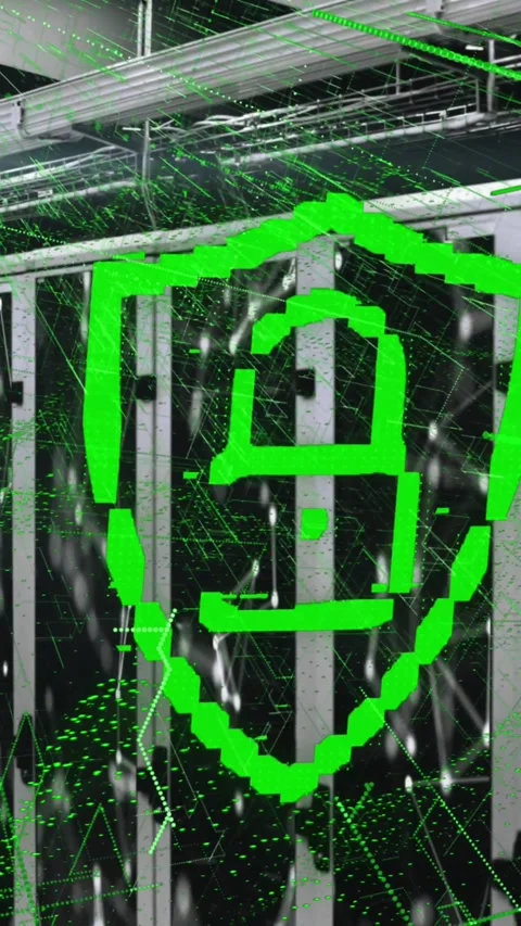Animation of security padlock icon and green light trails against computer Stock Footage 344774878